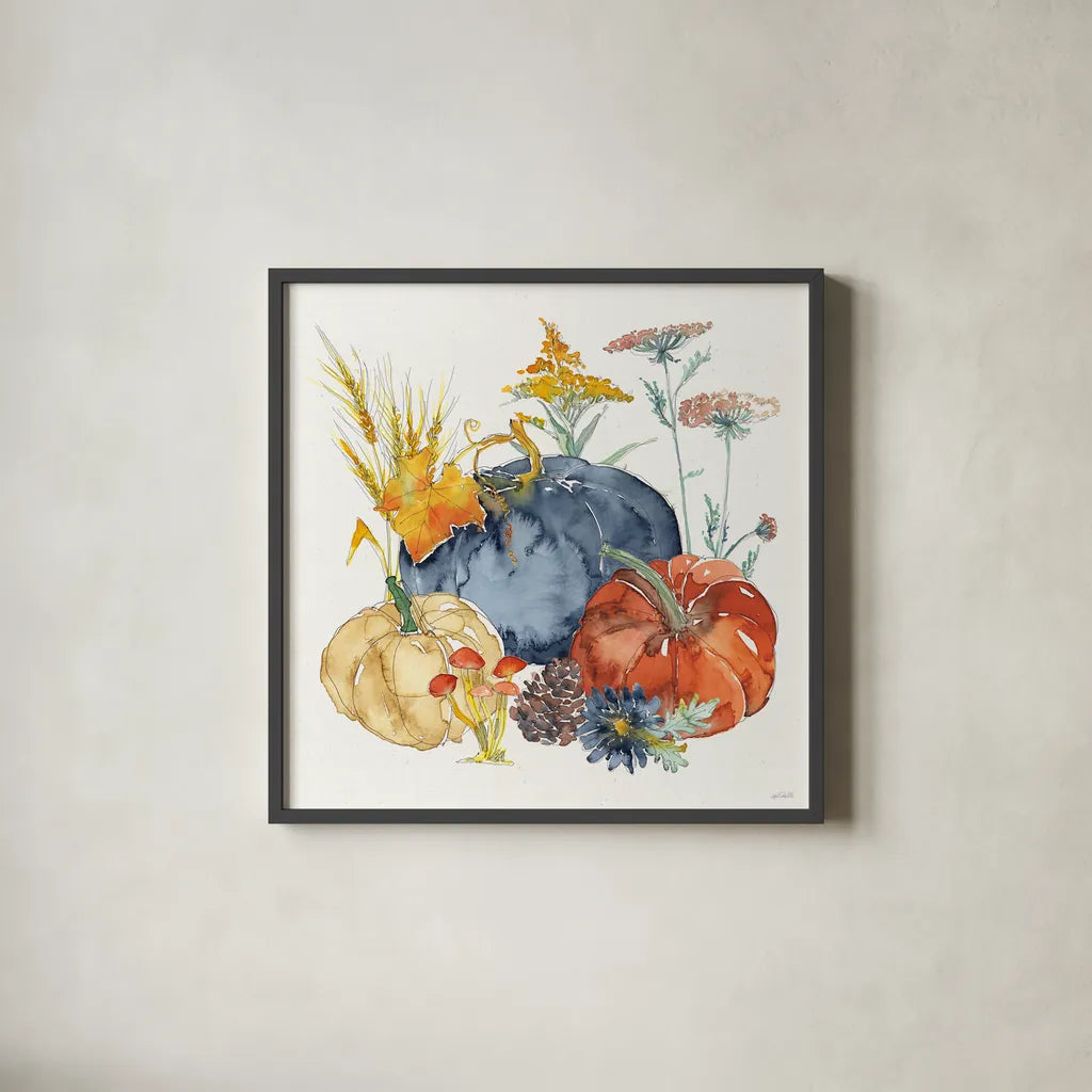 Fall Flair III by Anne Tavoletti. Shown in a sleek black glass frame for a contemporary gallery look. Available as an archival giclee rolled canvas, fine art paper, or poster print. SKU 80004a.