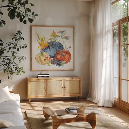 Fall Flair III by Anne Tavoletti. Shown in a natural wood frame in a cozy modern living room. Available as an archival giclee rolled canvas, fine art paper, or poster print. SKU 80004a.