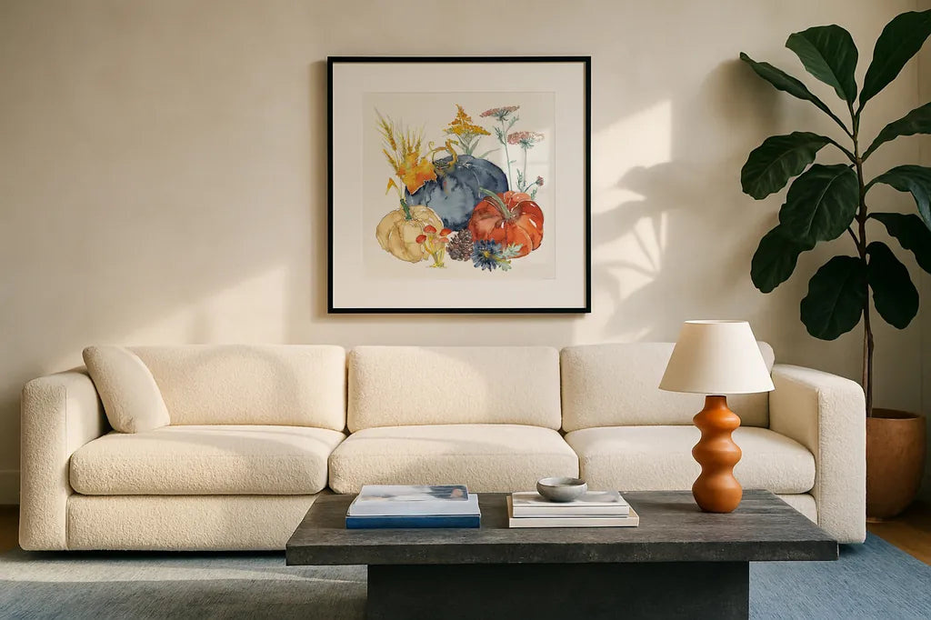 Fall Flair III by Anne Tavoletti. Displayed in a glass frame with matte in a clean modern living room. Available as an archival giclee rolled canvas, fine art paper, or poster print. SKU 80004a.