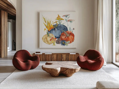 Fall Flair III by Anne Tavoletti. Shown as extra-large giant wall art in a modern living room. Available as an archival giclee rolled canvas, fine art paper, or poster print. SKU 80004a.