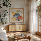 Fall Flair III Linen by Anne Tavoletti. Shown in a natural wood frame in a cozy modern living room. Available as an archival giclee rolled canvas, fine art paper, or poster print. SKU 80427a.