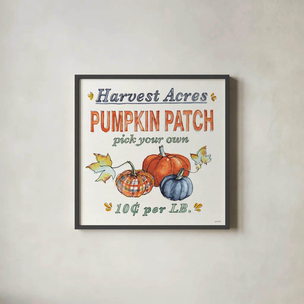 Fall Flair V by Anne Tavoletti. Shown in a sleek black glass frame for a contemporary gallery look. Available as an archival giclee rolled canvas, fine art paper, or poster print. SKU 80006a.