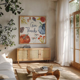 Fall Flair VI by Anne Tavoletti. Shown in a natural wood frame in a cozy modern living room. Available as an archival giclee rolled canvas, fine art paper, or poster print. SKU 80007a.