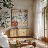 Fall Flair VI Shiplap by Anne Tavoletti. Shown in a natural wood frame in a cozy modern living room. Available as an archival giclee rolled canvas, fine art paper, or poster print. SKU 80430a.