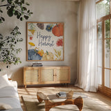Fall Flair VII by Anne Tavoletti. Shown in a natural wood frame in a cozy modern living room. Available as an archival giclee rolled canvas, fine art paper, or poster print. SKU 80008a.