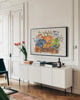 Fall Sweet Fall I by Anne Tavoletti. shown as a framed stretched canvas in a living room above a console. Available as a archival giclee rolled canvas, fine art paper, or poster print. SKU 92892i.