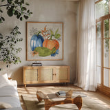 Fall Sweet Fall II by Anne Tavoletti. Shown in a natural wood frame in a cozy modern living room. Available as an archival giclee rolled canvas, fine art paper, or poster print. SKU 92893a.