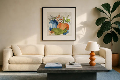 Fall Sweet Fall II by Anne Tavoletti. Displayed in a glass frame with matte in a clean modern living room. Available as an archival giclee rolled canvas, fine art paper, or poster print. SKU 92893a.