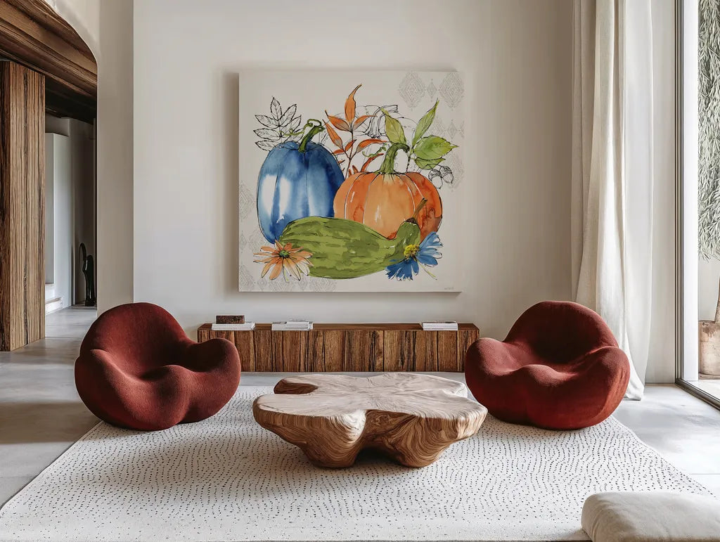 Fall Sweet Fall II by Anne Tavoletti. Shown as extra-large giant wall art in a modern living room. Available as an archival giclee rolled canvas, fine art paper, or poster print. SKU 92893a.