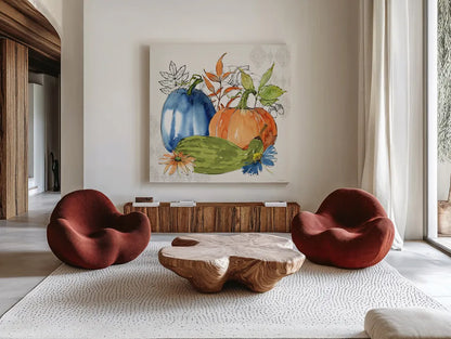 Fall Sweet Fall II by Anne Tavoletti. Shown as extra-large giant wall art in a modern living room. Available as an archival giclee rolled canvas, fine art paper, or poster print. SKU 92893a.