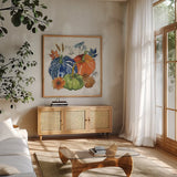 Fall Sweet Fall III by Anne Tavoletti. Shown in a natural wood frame in a cozy modern living room. Available as an archival giclee rolled canvas, fine art paper, or poster print. SKU 92894a.