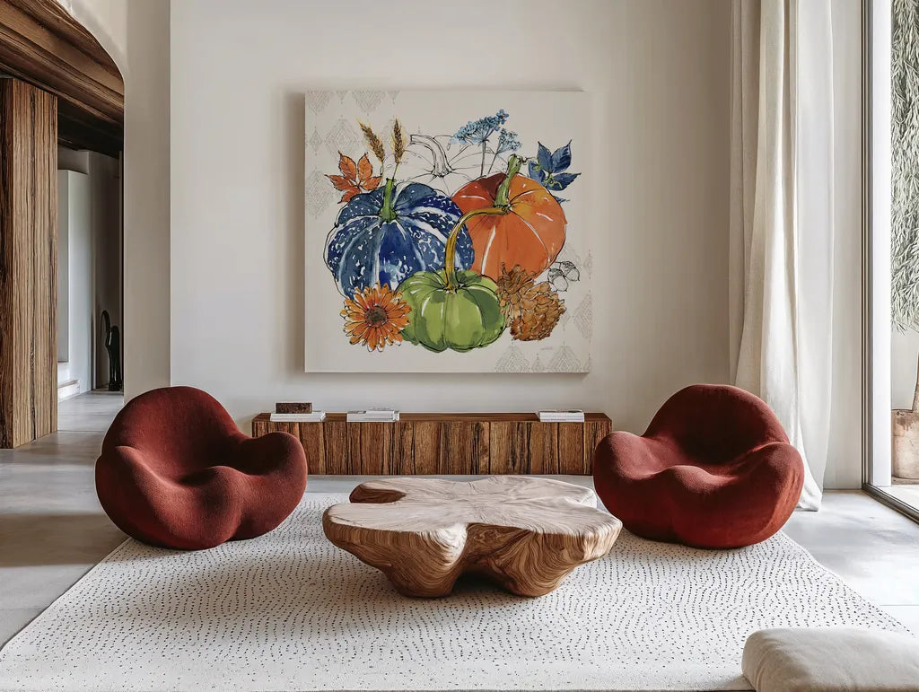 Fall Sweet Fall III by Anne Tavoletti. Shown as extra-large giant wall art in a modern living room. Available as an archival giclee rolled canvas, fine art paper, or poster print. SKU 92894a.