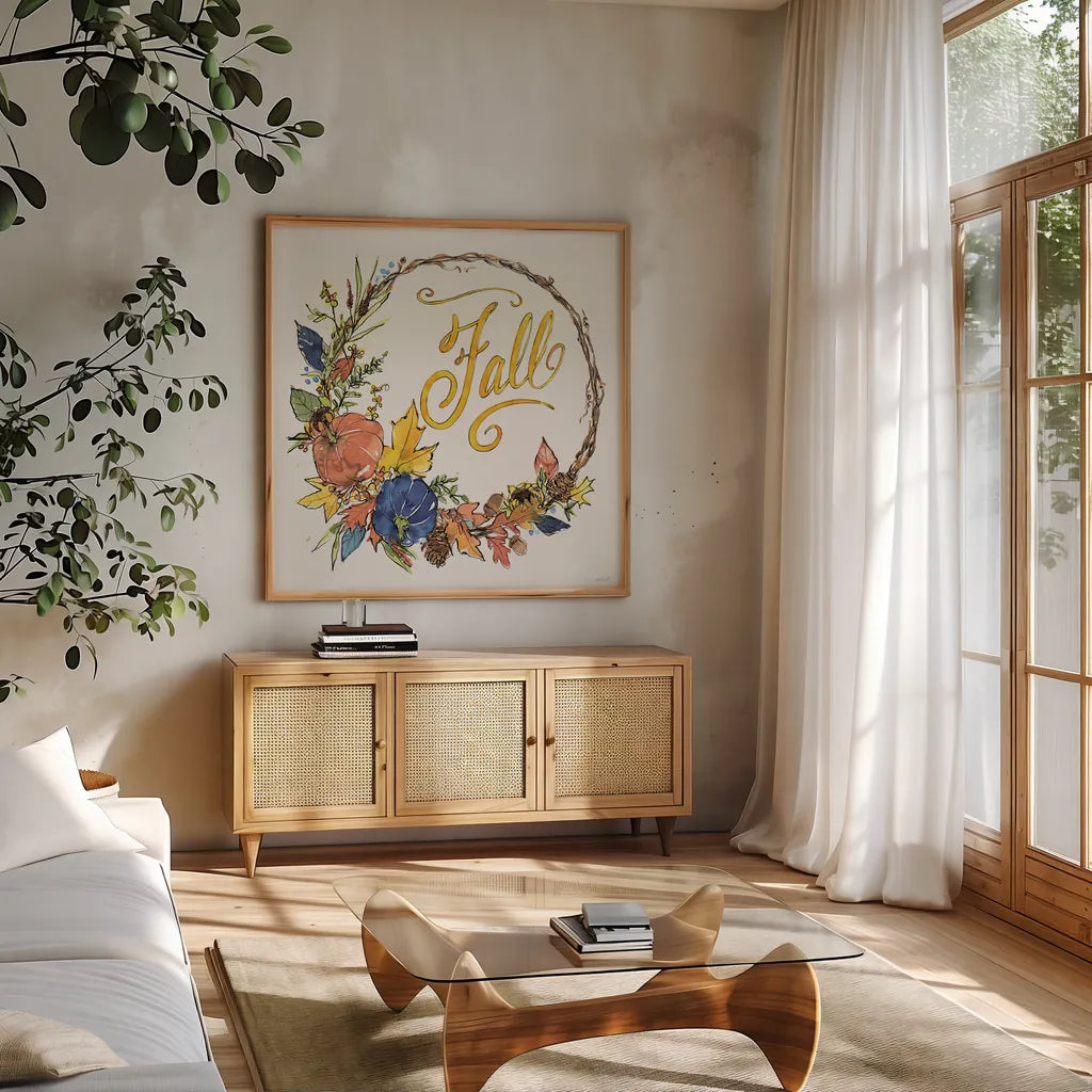 Fall Sweet Fall IV by Anne Tavoletti. Shown in a natural wood frame in a cozy modern living room. Available as an archival giclee rolled canvas, fine art paper, or poster print. SKU 92895a.