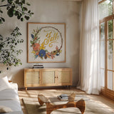 Fall Sweet Fall IV by Anne Tavoletti. Shown in a natural wood frame in a cozy modern living room. Available as an archival giclee rolled canvas, fine art paper, or poster print. SKU 92895a.