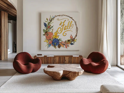 Fall Sweet Fall IV by Anne Tavoletti. Shown as extra-large giant wall art in a modern living room. Available as an archival giclee rolled canvas, fine art paper, or poster print. SKU 92895a.