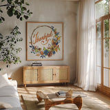 Fall Sweet Fall V by Anne Tavoletti. Shown in a natural wood frame in a cozy modern living room. Available as an archival giclee rolled canvas, fine art paper, or poster print. SKU 92896a.