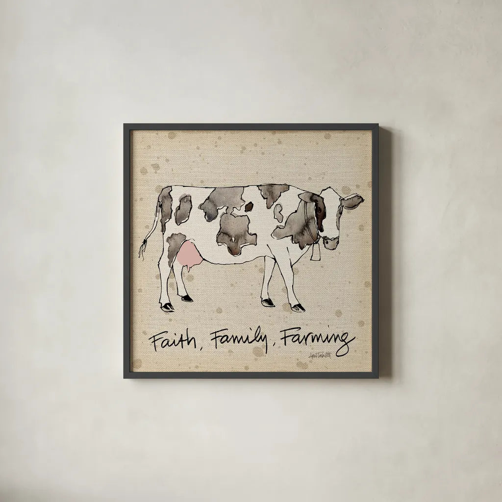 Farm Life I v2 by Anne Tavoletti. Shown in a sleek black glass frame for a contemporary gallery look. Available as an archival giclee rolled canvas, fine art paper, or poster print. SKU 59502a.