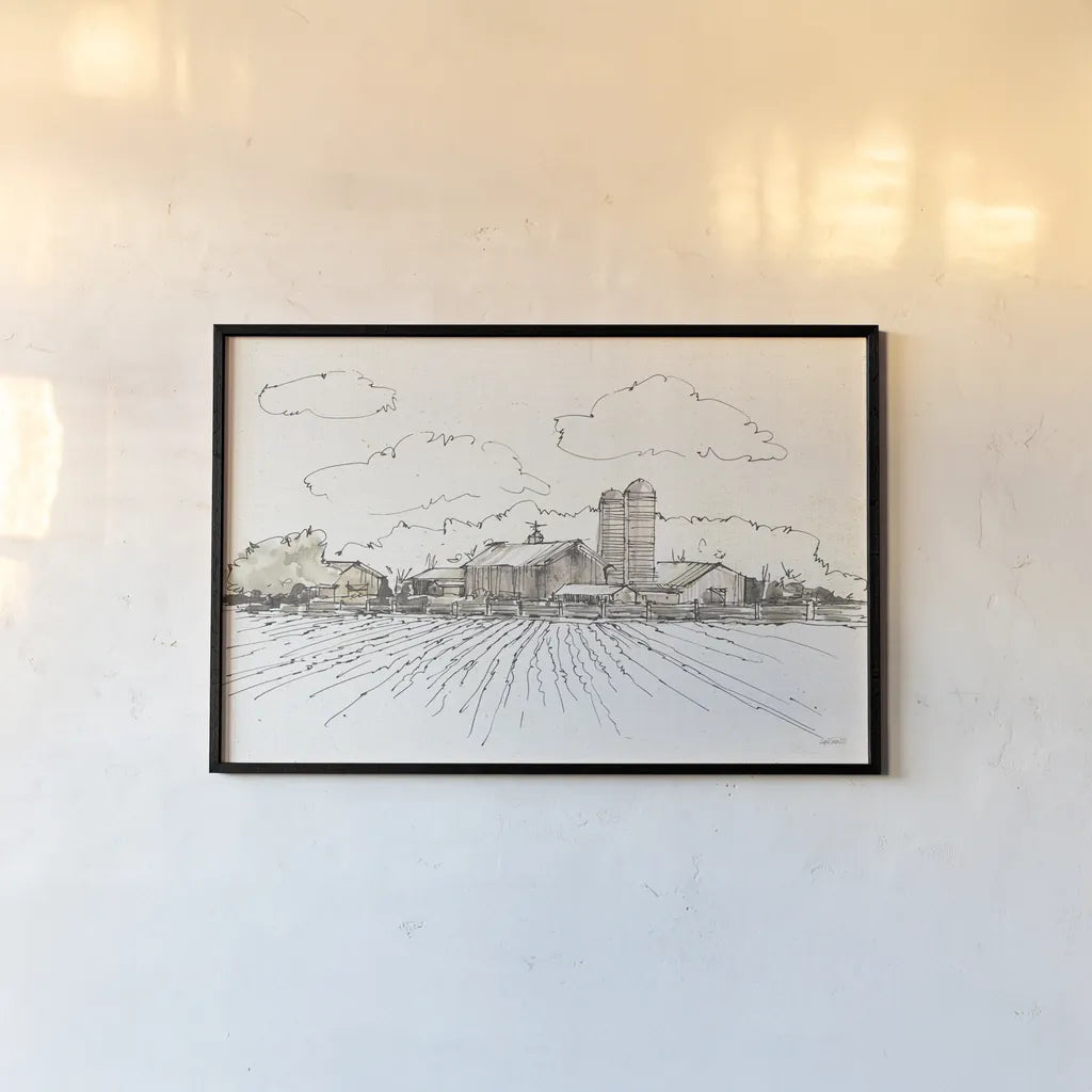 Farm Memories I by Anne Tavoletti. shown as a paper print in a black flame. Available as a archival giclee rolled canvas, fine art paper, or poster print. SKU 32812i.