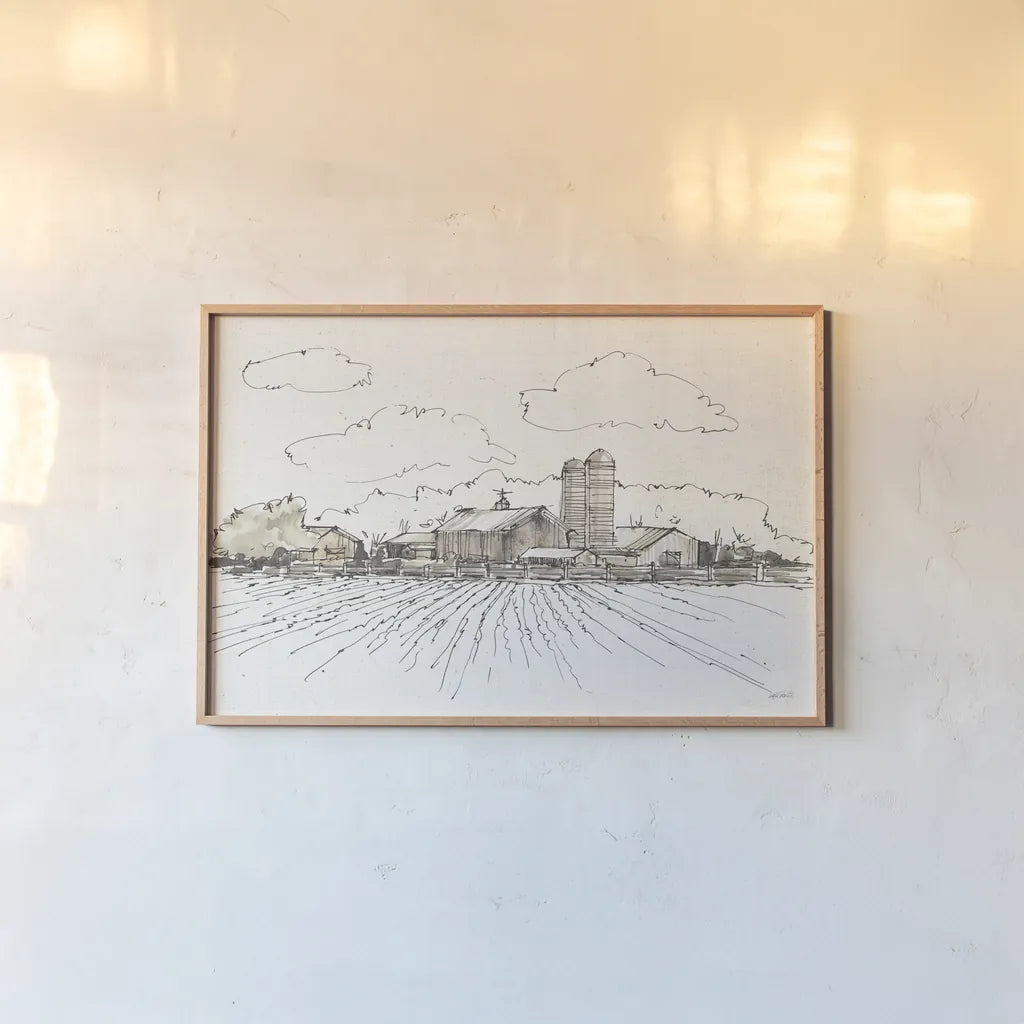 Farm Memories I by Anne Tavoletti. shown as a paper print in a natural frame. Available as a archival giclee rolled canvas, fine art paper, or poster print. SKU 32812i.