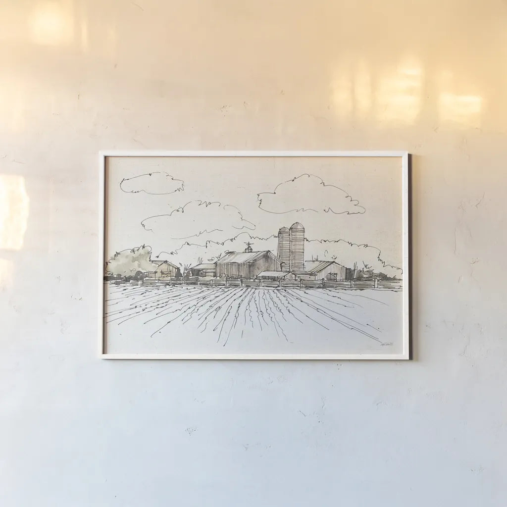 Farm Memories I by Anne Tavoletti. shown as a paper print in a white frame. Available as a archival giclee rolled canvas, fine art paper, or poster print. SKU 32812i.