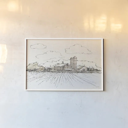 Farm Memories I by Anne Tavoletti. shown as a paper print in a white frame. Available as a archival giclee rolled canvas, fine art paper, or poster print. SKU 32812i.