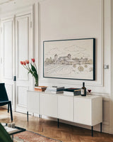 Farm Memories II by Anne Tavoletti. shown as a framed stretched canvas in a living room above a console. Available as a archival giclee rolled canvas, fine art paper, or poster print. SKU 32813i.