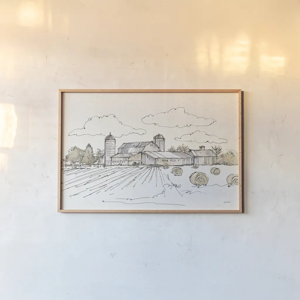 Farm Memories II by Anne Tavoletti. shown as a paper print in a natural frame. Available as a archival giclee rolled canvas, fine art paper, or poster print. SKU 32813i.