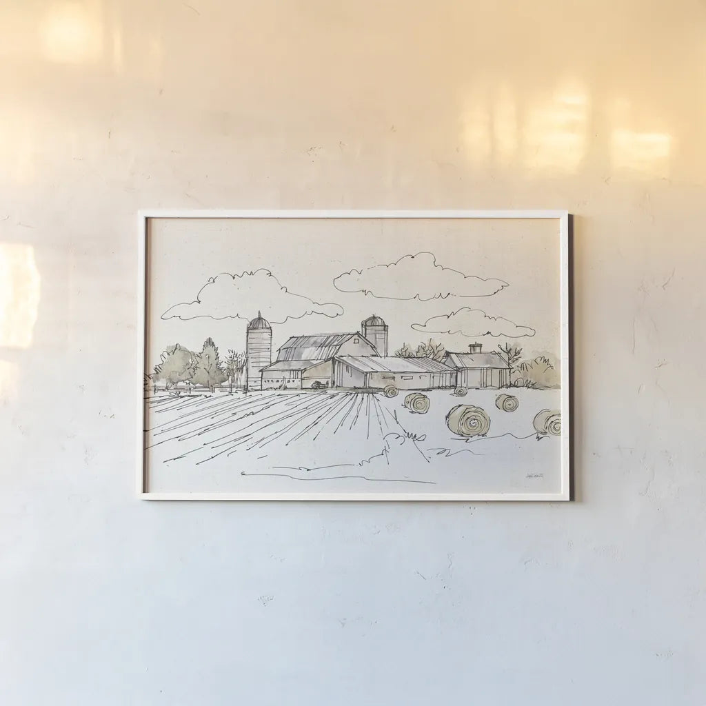 Farm Memories II by Anne Tavoletti. shown as a paper print in a white frame. Available as a archival giclee rolled canvas, fine art paper, or poster print. SKU 32813i.