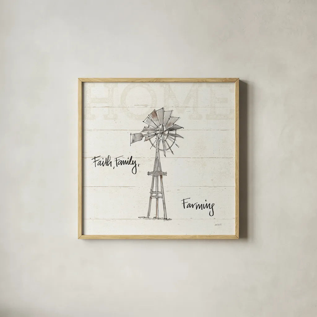 Farm Memories III by Anne Tavoletti. Shown in a natural wood glass frame for a timeless modern aesthetic. Available as an archival giclee rolled canvas, fine art paper, or poster print. SKU 32814a.