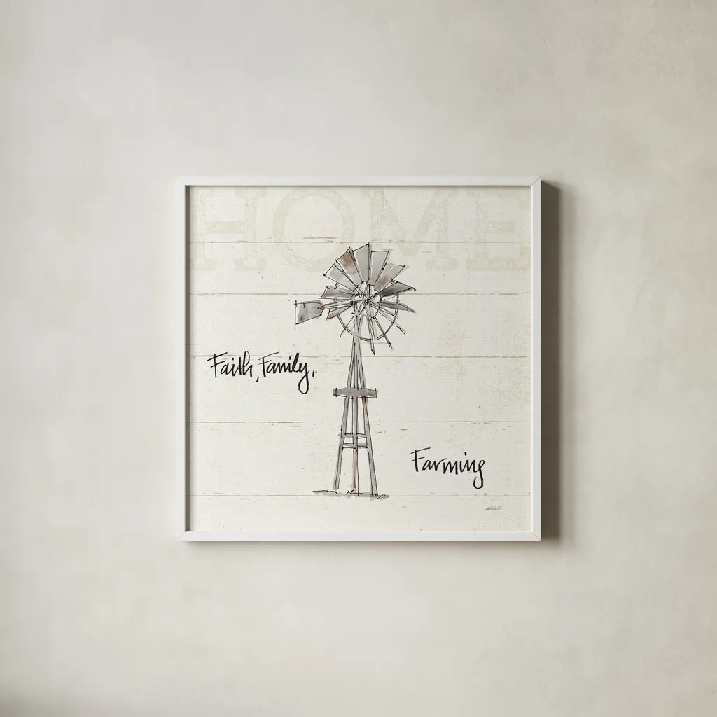 Farm Memories III by Anne Tavoletti. Shown in a crisp white glass frame for a clean and minimalist style. Available as an archival giclee rolled canvas, fine art paper, or poster print. SKU 32814a.