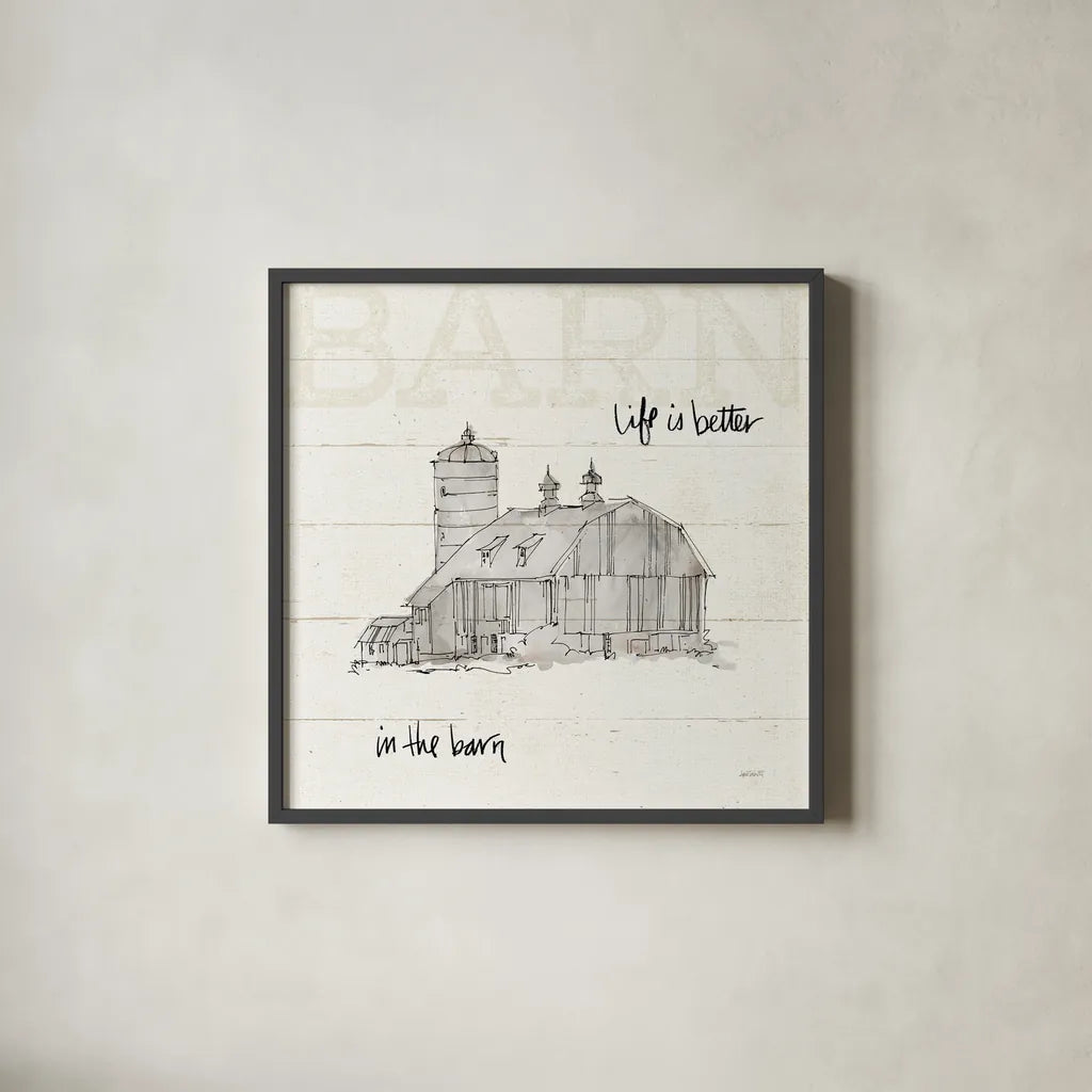 Farm Memories IV by Anne Tavoletti. Shown in a sleek black glass frame for a contemporary gallery look. Available as an archival giclee rolled canvas, fine art paper, or poster print. SKU 32815a.