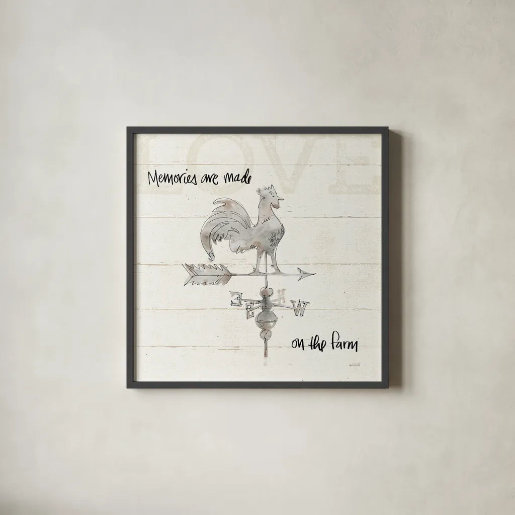 Farm Memories V by Anne Tavoletti. Shown in a sleek black glass frame for a contemporary gallery look. Available as an archival giclee rolled canvas, fine art paper, or poster print. SKU 32816a.