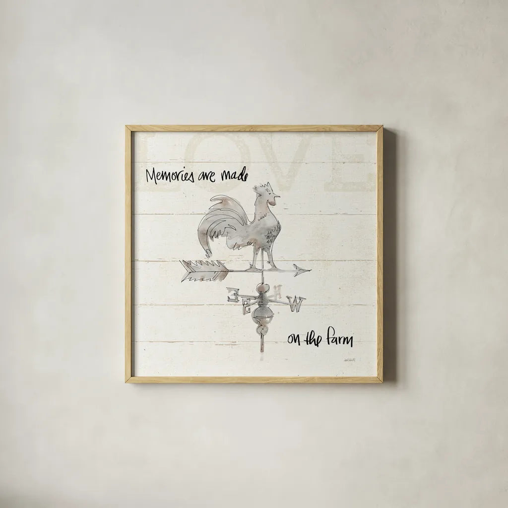 Farm Memories V by Anne Tavoletti. Shown in a natural wood glass frame for a timeless modern aesthetic. Available as an archival giclee rolled canvas, fine art paper, or poster print. SKU 32816a.