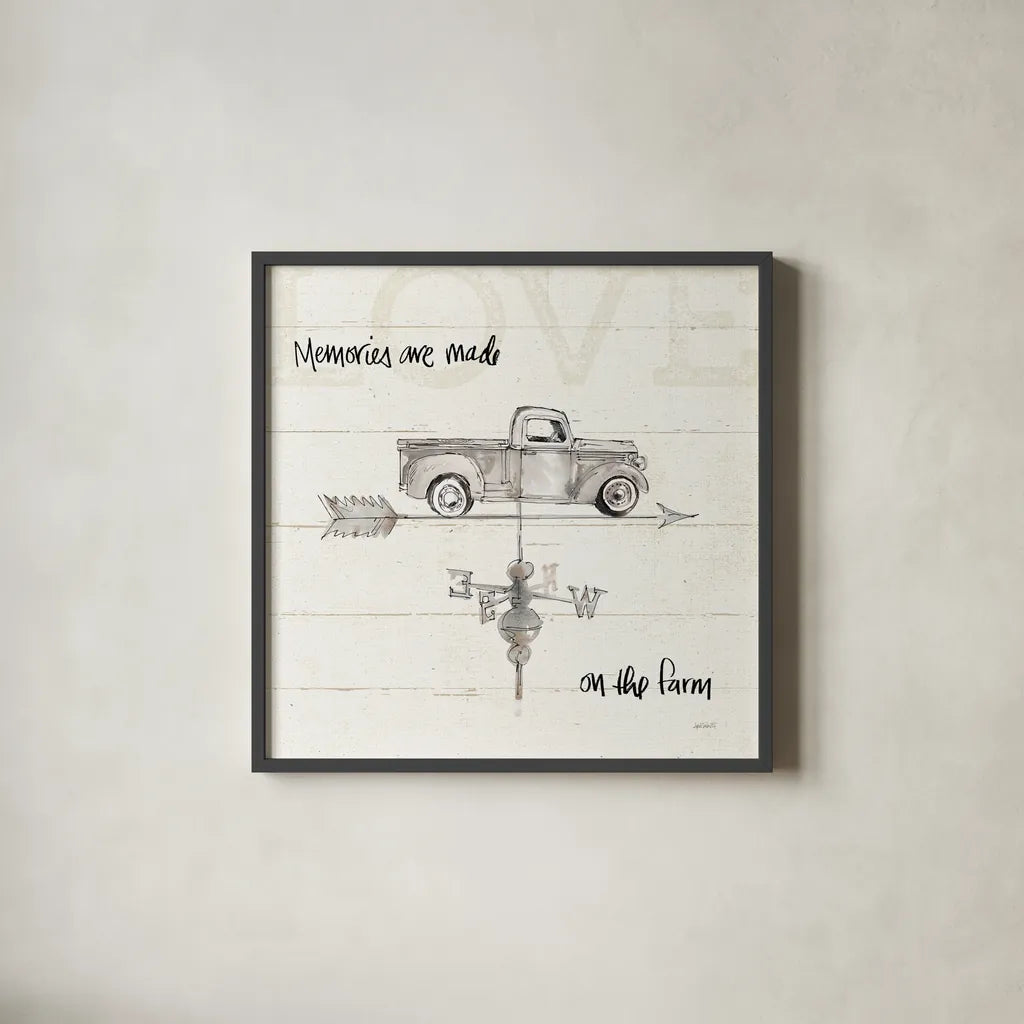 Farm Memories V Truck by Anne Tavoletti. Shown in a sleek black glass frame for a contemporary gallery look. Available as an archival giclee rolled canvas, fine art paper, or poster print. SKU 40568a.