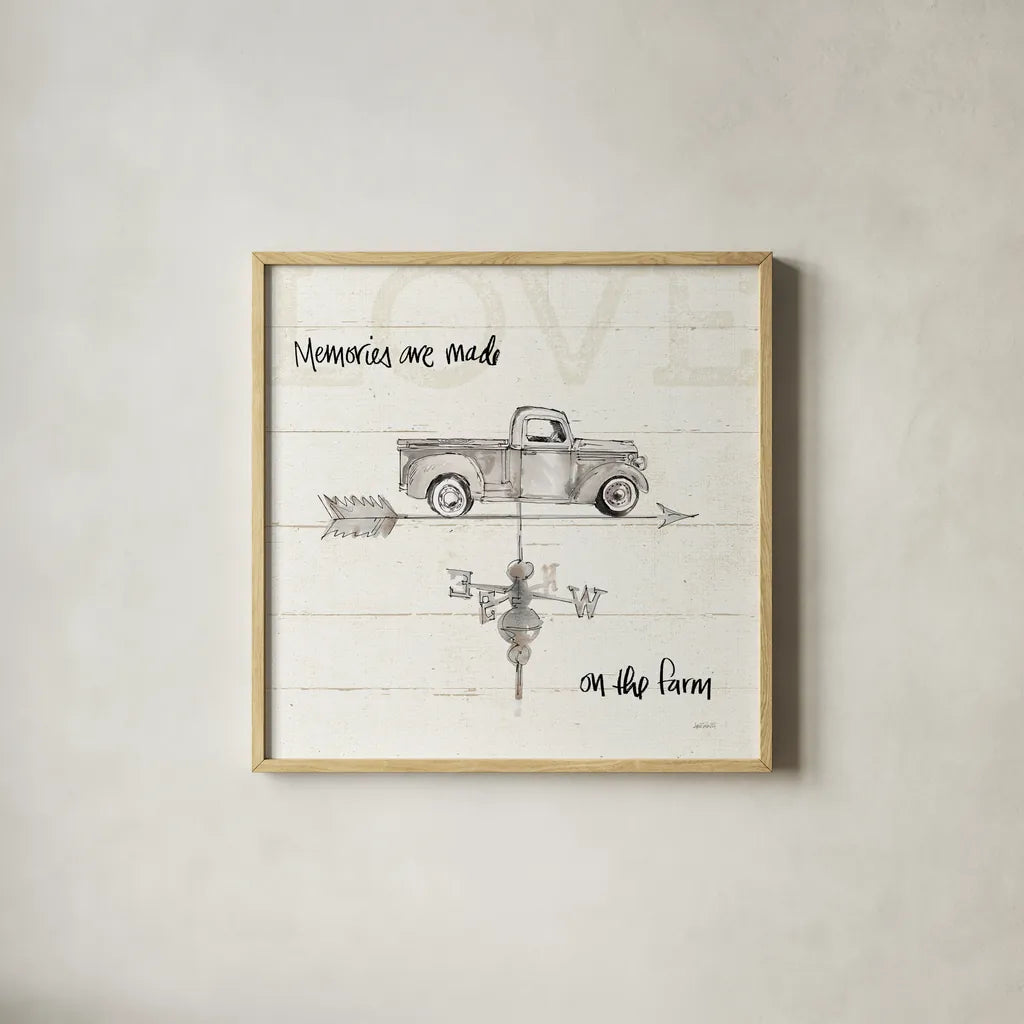 Farm Memories V Truck by Anne Tavoletti. Shown in a natural wood glass frame for a timeless modern aesthetic. Available as an archival giclee rolled canvas, fine art paper, or poster print. SKU 40568a.