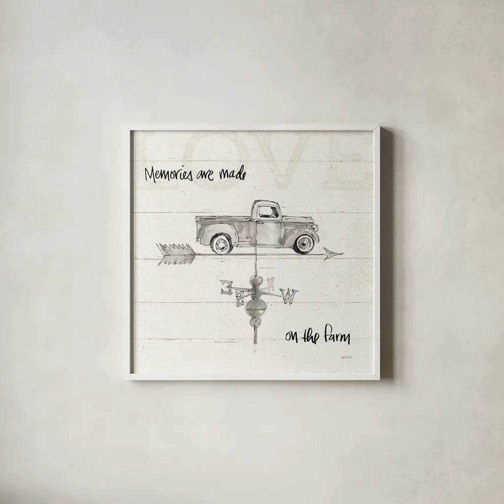 Farm Memories V Truck by Anne Tavoletti. Shown in a crisp white glass frame for a clean and minimalist style. Available as an archival giclee rolled canvas, fine art paper, or poster print. SKU 40568a.
