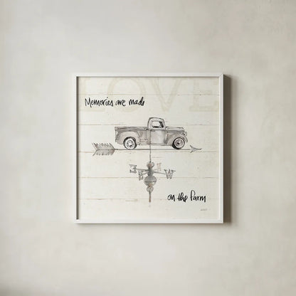 Farm Memories V Truck by Anne Tavoletti. Shown in a crisp white glass frame for a clean and minimalist style. Available as an archival giclee rolled canvas, fine art paper, or poster print. SKU 40568a.
