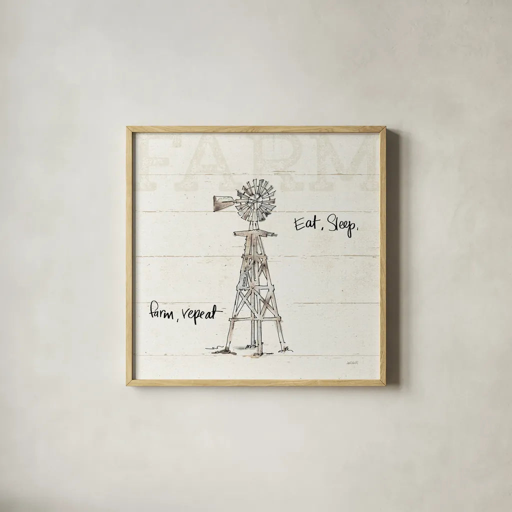 Farm Memories VI by Anne Tavoletti. Shown in a natural wood glass frame for a timeless modern aesthetic. Available as an archival giclee rolled canvas, fine art paper, or poster print. SKU 32817a.