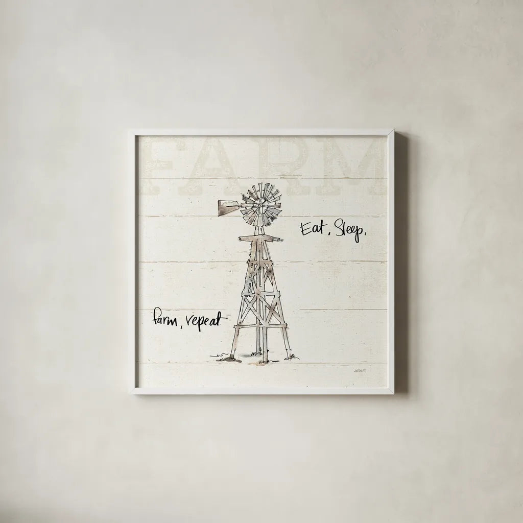 Farm Memories VI by Anne Tavoletti. Shown in a crisp white glass frame for a clean and minimalist style. Available as an archival giclee rolled canvas, fine art paper, or poster print. SKU 32817a.