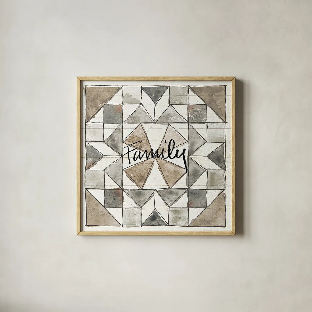 Farm Memories XII Family by Anne Tavoletti. Shown in a natural wood glass frame for a timeless modern aesthetic. Available as an archival giclee rolled canvas, fine art paper, or poster print. SKU 34529a.