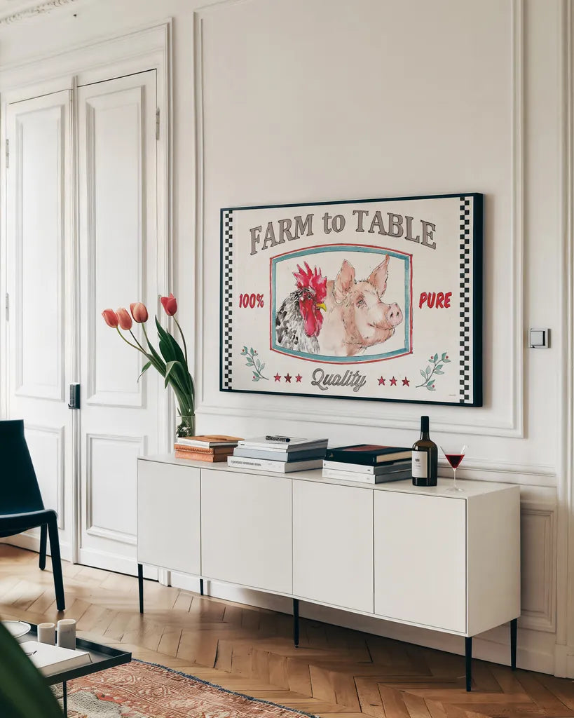 Farm Signs I by Anne Tavoletti. shown as a framed stretched canvas in a living room above a console. Available as a archival giclee rolled canvas, fine art paper, or poster print. SKU 52701i.