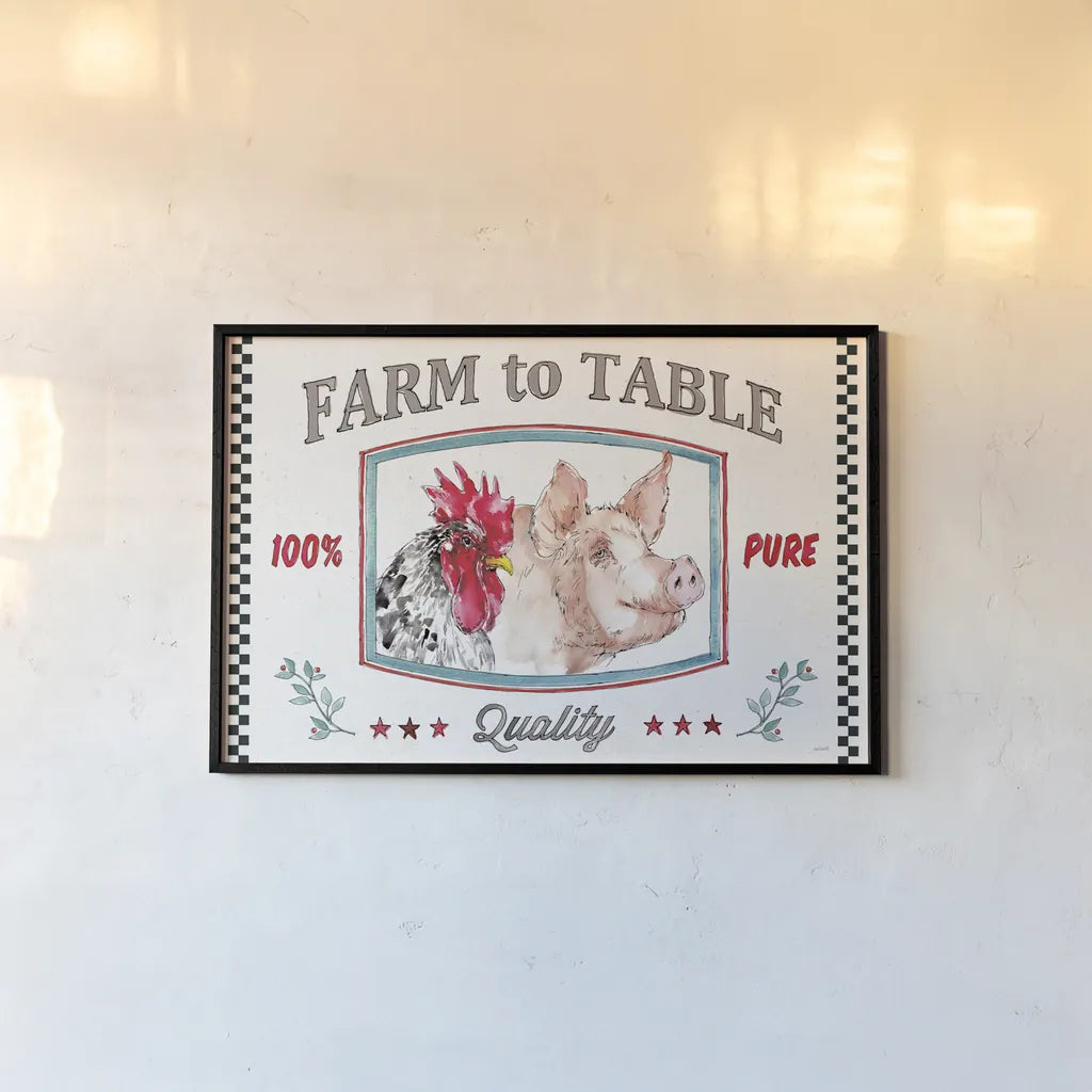 Farm Signs I by Anne Tavoletti. shown as a paper print in a black flame. Available as a archival giclee rolled canvas, fine art paper, or poster print. SKU 52701i.