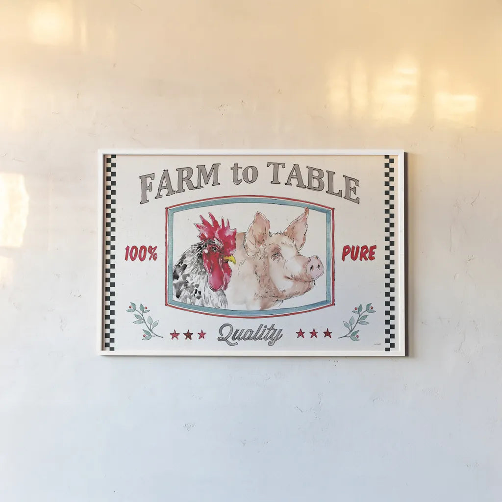 Farm Signs I by Anne Tavoletti. shown as a paper print in a white frame. Available as a archival giclee rolled canvas, fine art paper, or poster print. SKU 52701i.