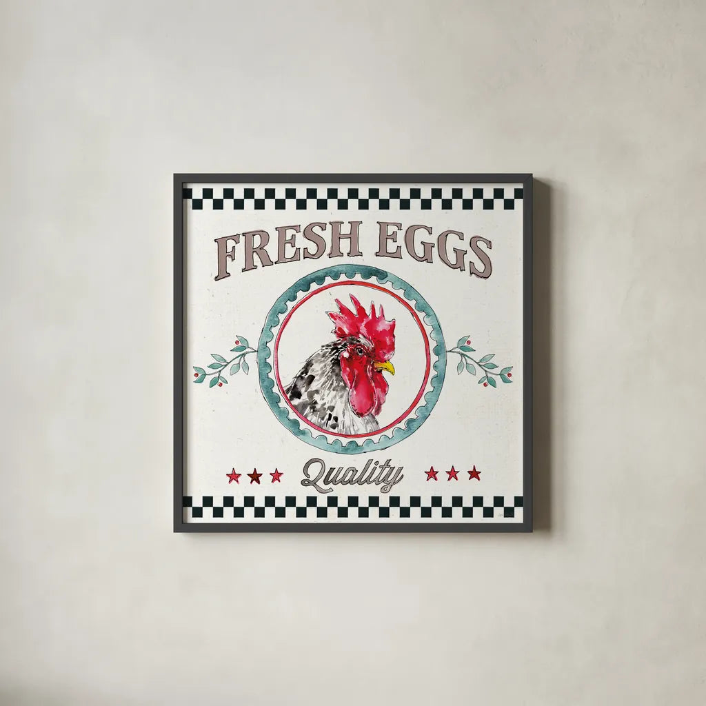 Farm Signs II by Anne Tavoletti. Shown in a sleek black glass frame for a contemporary gallery look. Available as an archival giclee rolled canvas, fine art paper, or poster print. SKU 52702a.