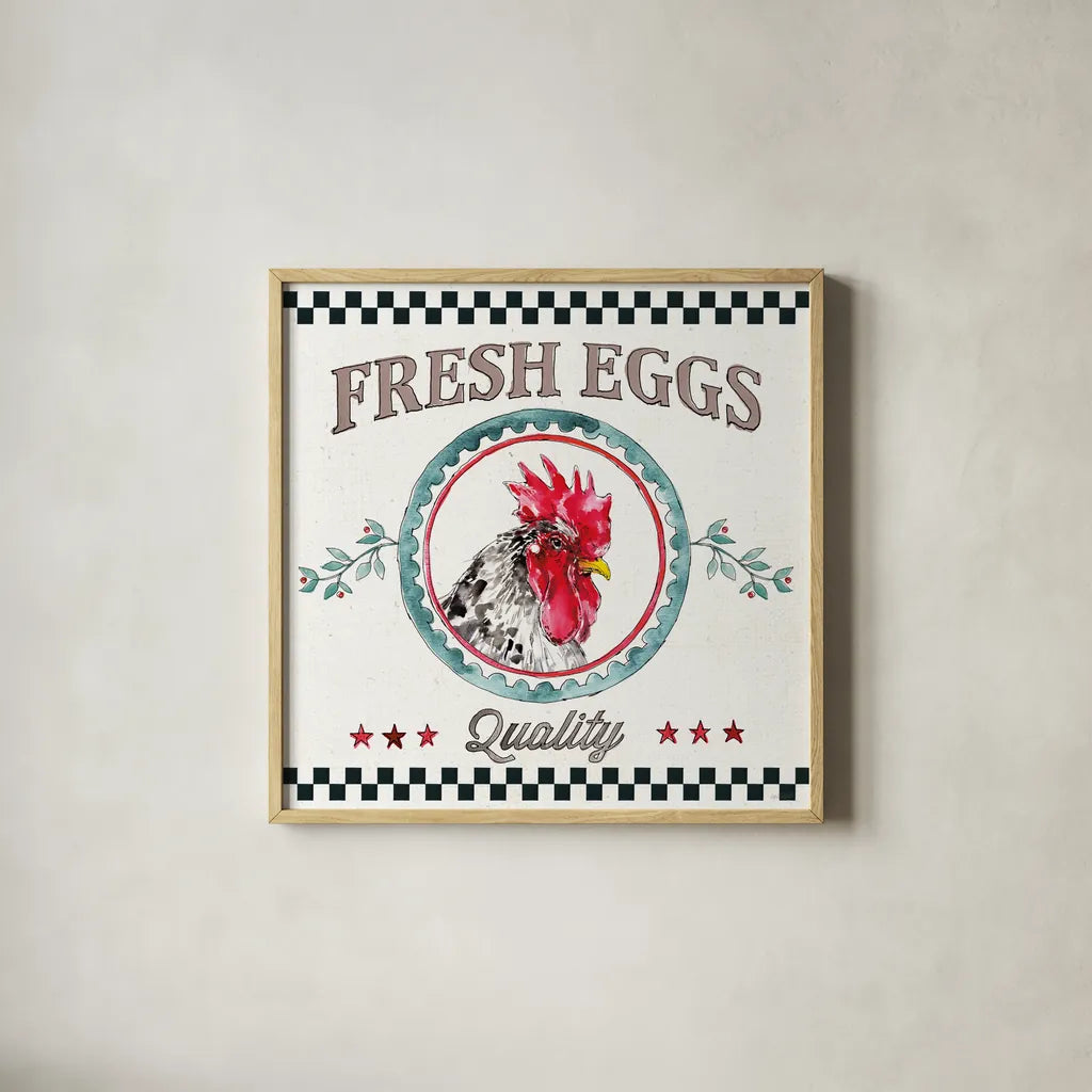 Farm Signs II by Anne Tavoletti. Shown in a natural wood glass frame for a timeless modern aesthetic. Available as an archival giclee rolled canvas, fine art paper, or poster print. SKU 52702a.