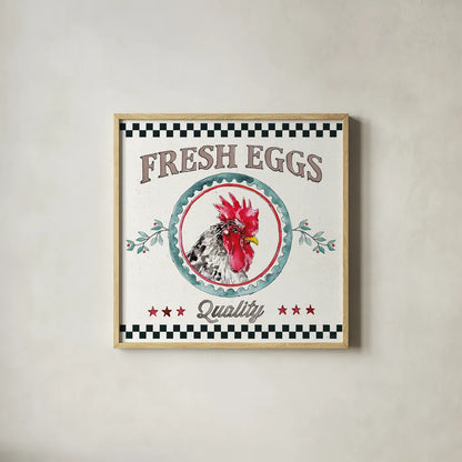 Farm Signs II by Anne Tavoletti. Shown in a natural wood glass frame for a timeless modern aesthetic. Available as an archival giclee rolled canvas, fine art paper, or poster print. SKU 52702a.