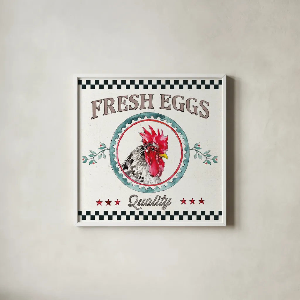 Farm Signs II by Anne Tavoletti. Shown in a crisp white glass frame for a clean and minimalist style. Available as an archival giclee rolled canvas, fine art paper, or poster print. SKU 52702a.