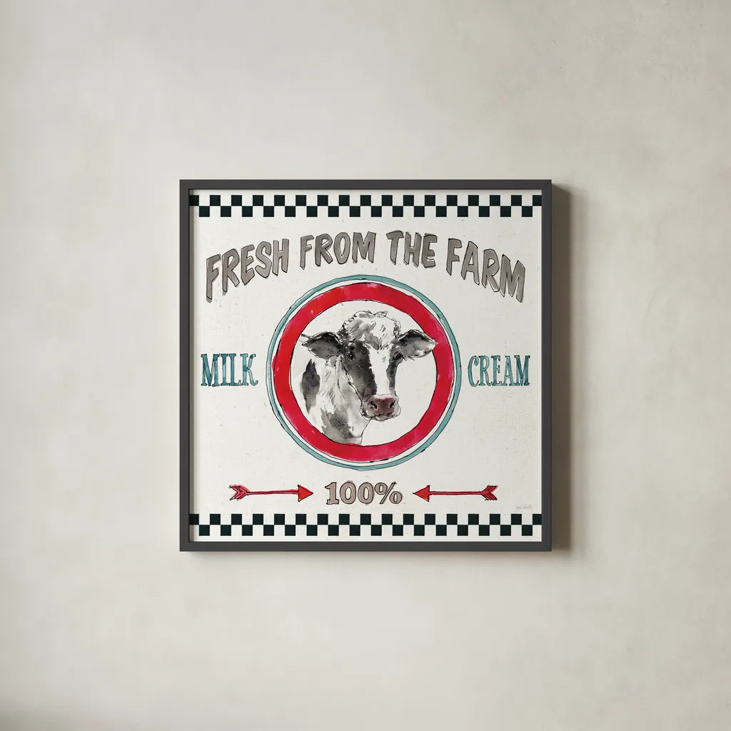 Farm Signs III by Anne Tavoletti. Shown in a sleek black glass frame for a contemporary gallery look. Available as an archival giclee rolled canvas, fine art paper, or poster print. SKU 52703a.