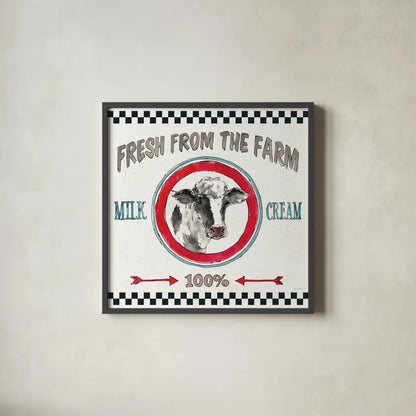 Farm Signs III by Anne Tavoletti. Shown in a sleek black glass frame for a contemporary gallery look. Available as an archival giclee rolled canvas, fine art paper, or poster print. SKU 52703a.