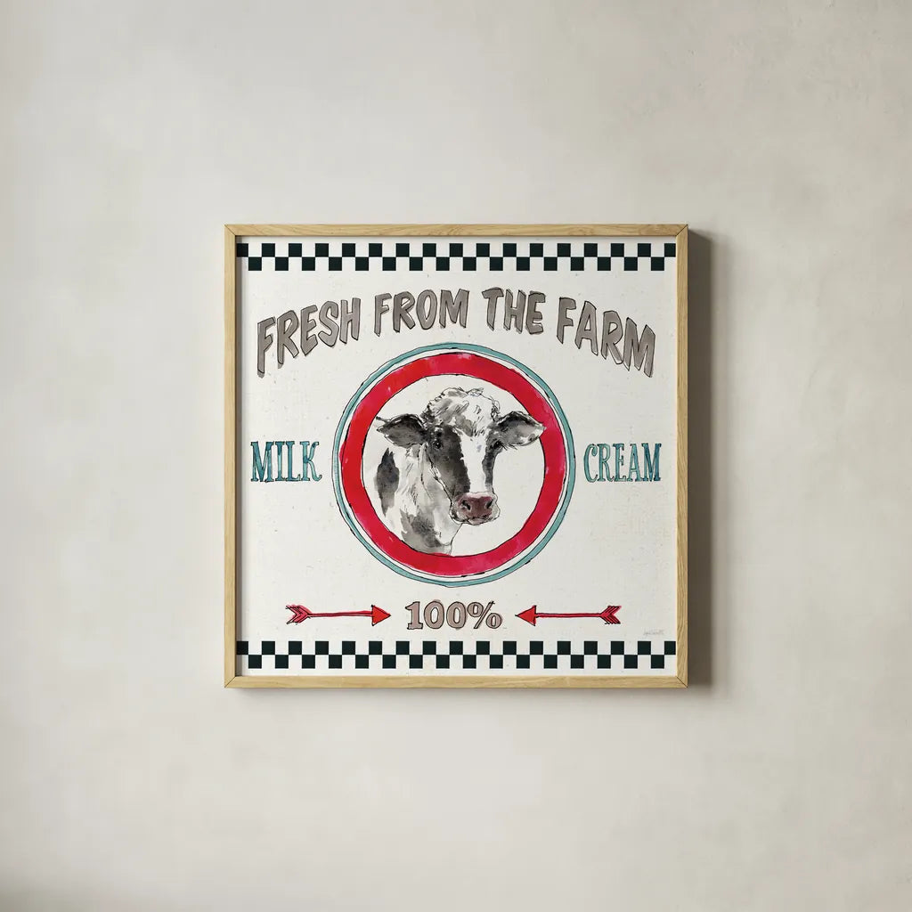 Farm Signs III by Anne Tavoletti. Shown in a natural wood glass frame for a timeless modern aesthetic. Available as an archival giclee rolled canvas, fine art paper, or poster print. SKU 52703a.